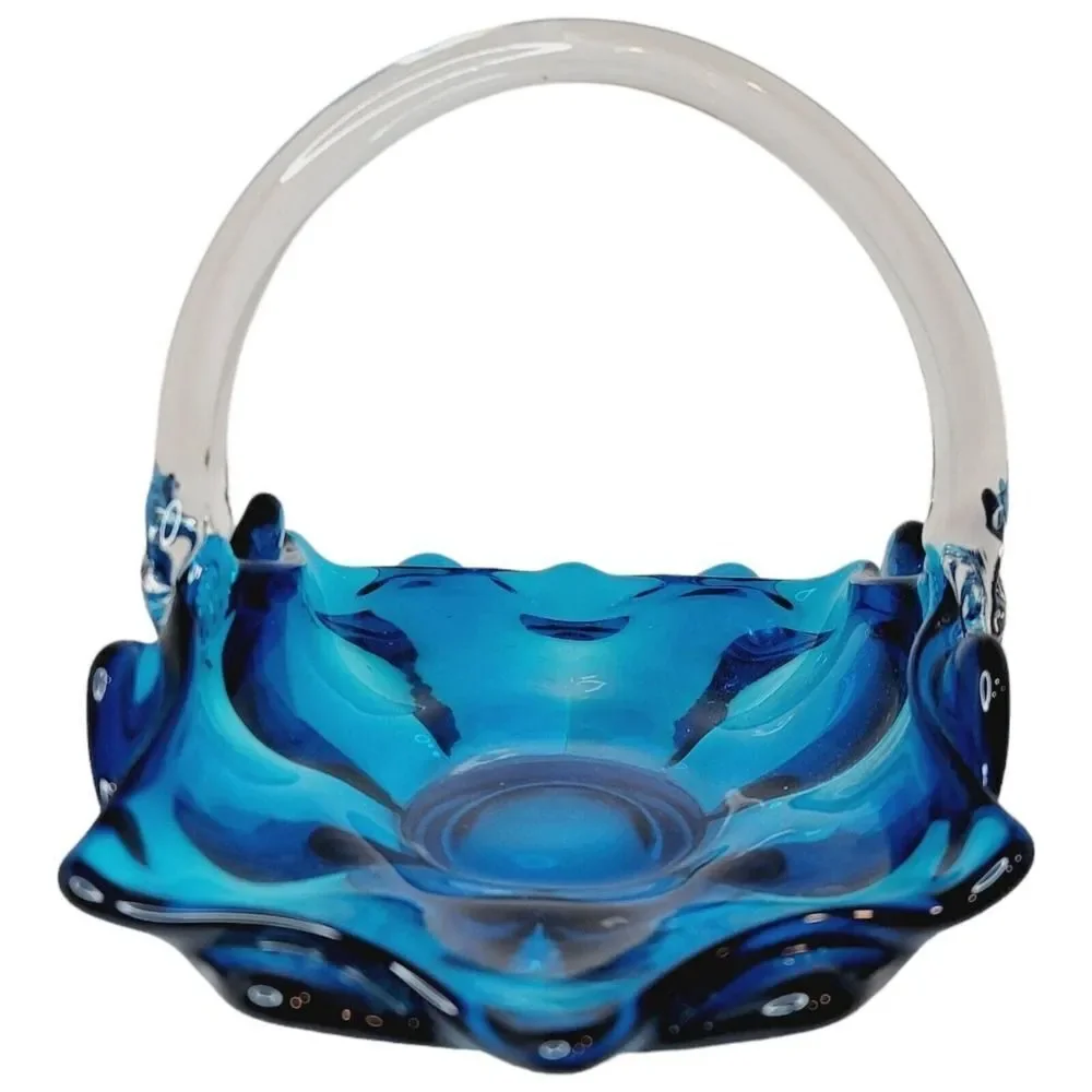 Vtg Viking Art Glass 1960s Blue With Clear Handle Epic Basket Candy Dish #1510‎